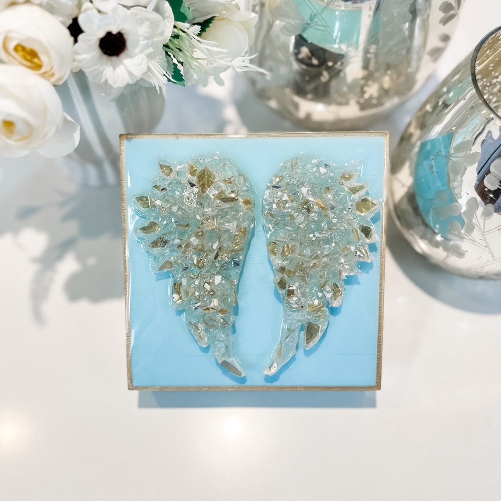 Hand Made Darling Blue Glass Angel Wing keepsake block - Picture 3 of 4